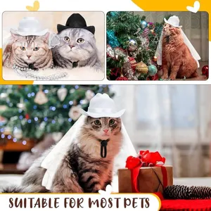 White Non-Woven Fabric Pet Cowboy Hat With Veil Cute Cat Dog Wedding Mesh Dress Up Veil Cap Adjustable Headwear Apparel Accessory For Party Decor