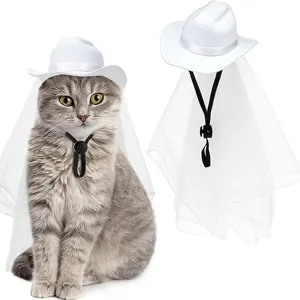 White pet cowboy hat with veil for cats and dogs, cute wedding costume dress up accessories.