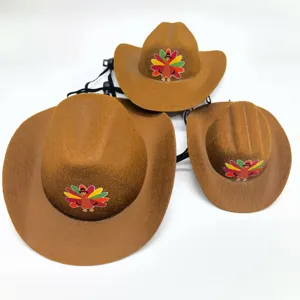Thanksgiving turkey printed brown cowboy hat set for holiday pet and party costume dress up.
