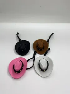 Close-up detail of mini cowboy hat set, small colorful doll hats with stars and hanging ropes.