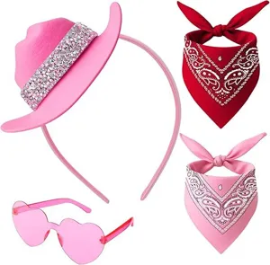 Set completo costume da festa con cappello da cowgirl rosa, occhiali a cuore e fazzoletti paisley