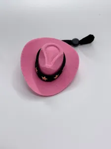 Mini pink felt cowboy hat detail, adorable pet or toy accessory with black star band and elastic.