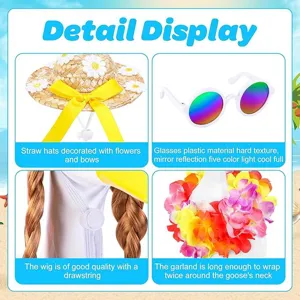 Detailansicht des vierteiligen Hawaii Gänsekostüm Sets mit Strohhut, Brille, Perücke u. Kette.