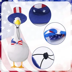 US Independence Day goose outfit detail view featuring patriotic hat, bow tie and adjustable strap.