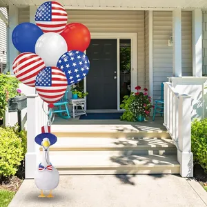 US Independence Day porch goose outfit set with patriotic hat bow tie and festive balloons.