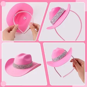 Cerchietto mini cappello da cowboy rosa con fascia di strass brillante per festa costume.
