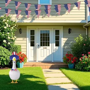 Patriotic porch goose outfit details featuring US flag hat, bow tie and festive bunting decor.