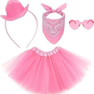 Set costume cowgirl rosa con mini cappello fascia bandana cuore occhiali da sole gonna tulle.