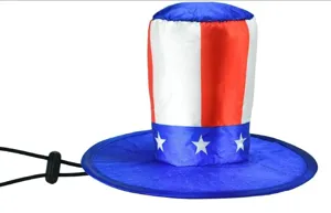 Close-up of the 4th of July porch goose hat detail, patriotic red white and blue design.