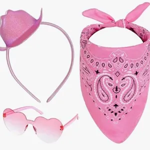 Set cappello da cowboy rosa fascia occhiali da sole a cuore e bandana per festa.