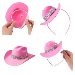 Cerchietto con mini cappello da cowboy rosa con nastro di strass glitterati per feste e festival.