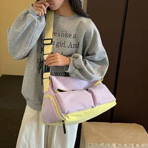 Borsa a tracolla viola e gialla casual, borsa fitness alla moda per il viaggio.