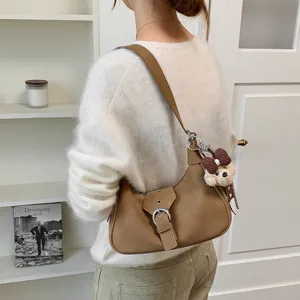 Bolso de hombro marrón minimalista coreano, elegante bolso hobo casual con lindo oso.