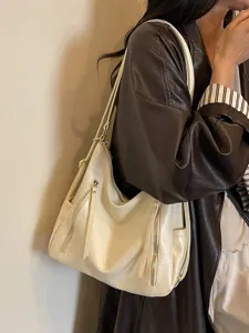 Large capacity women's white leather shoulder tote bag, stylish commuter handbag with zip.