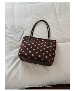 Brown polka dot tote bag, suede material with shoulder straps, large capacity daily commuter handbag.