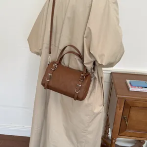 Borsa a tracolla cilindrica marrone da donna, elegante borsa in pelle PU con fibbie.