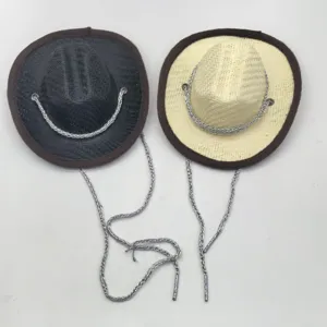 Summer breathable pet cowboy straw hat with silver rope, stylish sun protection pet party accessory.