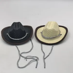 Close-up of pet cowboy hats detail featuring woven straw texture and silver chain strap.