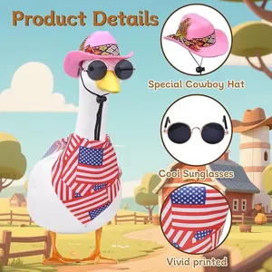Duck cowboy hat set with round sunglasses and American flag scarf for porch goose decor.