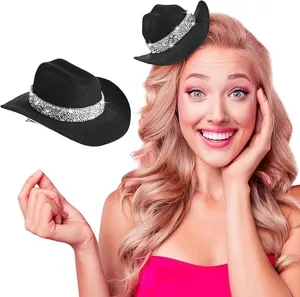 Mini black rhinestone cowboy hat hair clip and headband set for fun party and wedding wear.