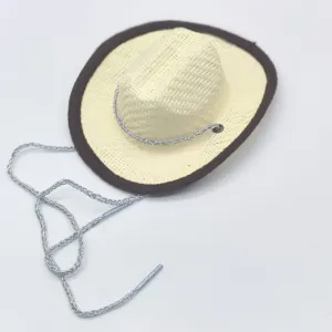 Detail view of pet cowboy straw hat, breathable paper cloth weave for summer sun protection.