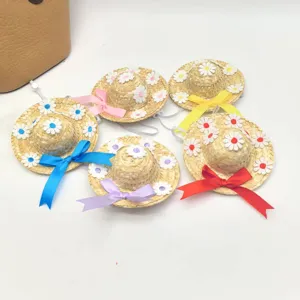 Cute small pet straw hat with floral decor and colorful ribbon bows for cats and dogs summer.