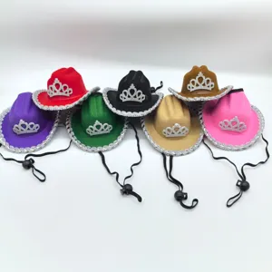 Colorful mini cowboy hats with silver glitter tiara crown and adjustable chin straps for party.