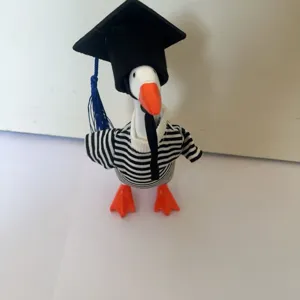Graduation outfit desktop little duck figurine set with black cap and striped sweater