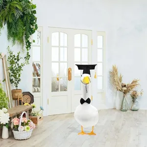 Porch big white goose graduation outfit set with black cap and bow tie for home decor.