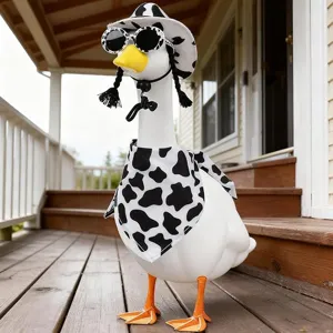 Porch goose cowboy hat scarf and sunglasses set, cute cow print costume for yard decoration.