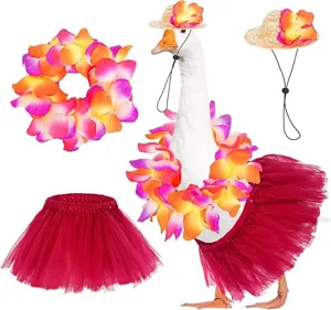 Summer pet tropical flower straw hat and tutu skirt costume set for goose and small pets