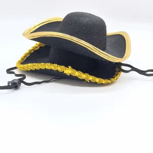 Halloween Black Pirate Hat Golden Lace Yellow Binding Pet Hat Adjustable Mini Small Hat For Dogs And Cats Party Costume