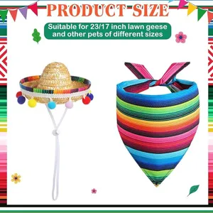 Details of Mexican straw hat and striped pet bandana set for lawn geese and small animals.