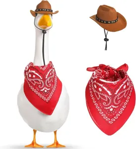 Porch goose outfit cowboy hat and red paisley bandana set for outdoor decoration and pet dress up.