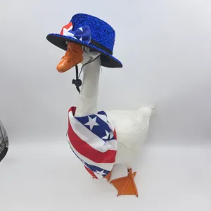 Detail view of the patriotic porch goose outfit, featuring American flag stars and stripes design.