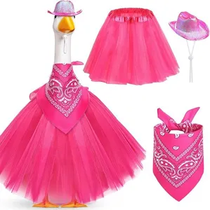 Pink holographic cowboy hat, paisley bandana and tutu skirt set for goose statue detail view.