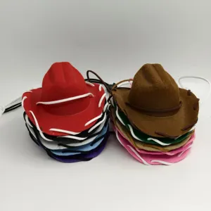 Detalle de mini sombrero de vaquero para mascota, fieltro multicolor con cuerda, accesorio tierno