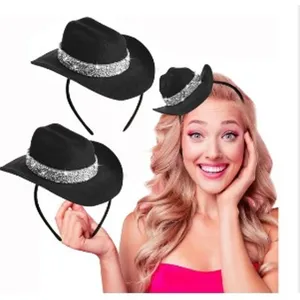 Black mini cowboy hat headband with silver rhinestones for party hair accessories