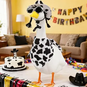 Porch goose decorative set featuring cowboy hat with braids, sunglasses and cow print bandana detail.