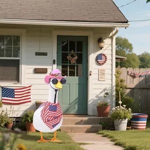 Porch goose outfit detail view showcasing the pink cowboy hat, sunglasses, and flag scarf.