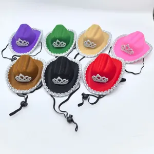 Colorful mini cowboy hat with silver trim and tiara, perfect for party and festival dress up.