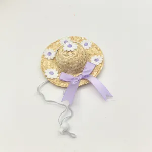 Pet straw hat with purple ribbon and cute daisy flowers, adjustable chin strap for small cats dogs.