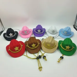 Close-up details of colorful mini pet cowboy hats with star charms and adjustable chin straps.