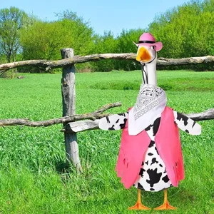 Detailed view of western cowboy hat and bib costume set for garden goose doll decor.