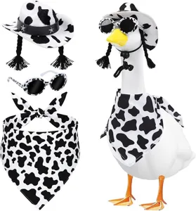 Cow print duck costume set with cowboy hat, sunglasses and bandana for cute pet dress up.