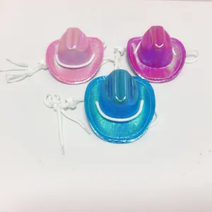 Holographic cowboy hats set for plush toys, shiny miniature hats with adjustable white cords.