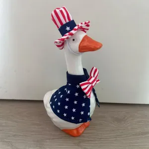 Ceramic Goose Figurine With Independence Day Patriotic Outfit And Hat Set For Tabletop Home Decor And Party Supplies