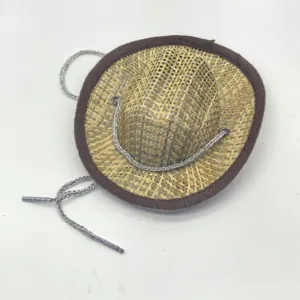 Mini pet straw cowboy hat with brown brim edge and silver drawstring, lightweight breathable.