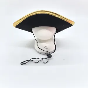 Black pet pirate hat with gold trim, adjustable dog costume hat for Halloween mini small pets.