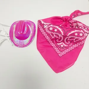 Pink cowboy hat and paisley bandana set, cute miniature costume accessories for toys.